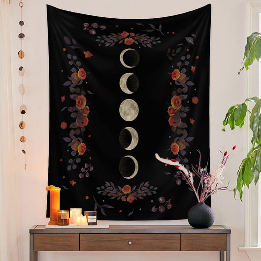 European retro mushroom tapestry with a starry night sky, crescent moon, butterflies, and various colorful fungi and plants. - Image 31