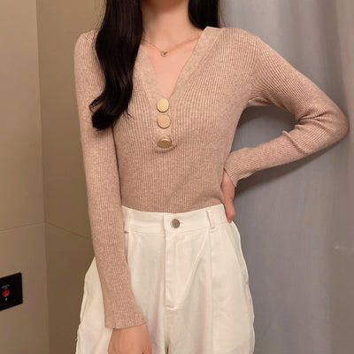 Suéter de Punto con Escote en V y Botones para Otoño e Invierno - Image 5