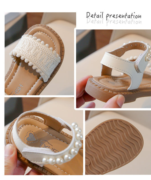 Children's white sandals with pearl ankle straps, woven front strap, and brown sole, featuring a Velcro closure. - Image 10