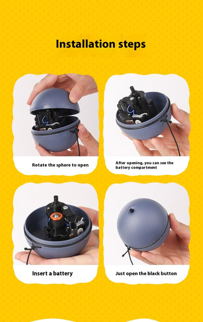 Blue and orange automatic pet toy ball with an attached plush mouse teaser featuring blue and orange fur and a light blue feather tail. - Image 16