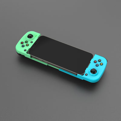 Teal mobile phone wireless game handle with a smartphone inserted, displaying a game, compatible with iOS and Android. - Image 8
