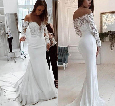 Vestido de Novia Elegante con Hombro Descubierto y Encaje de Manga Larga - Image 5