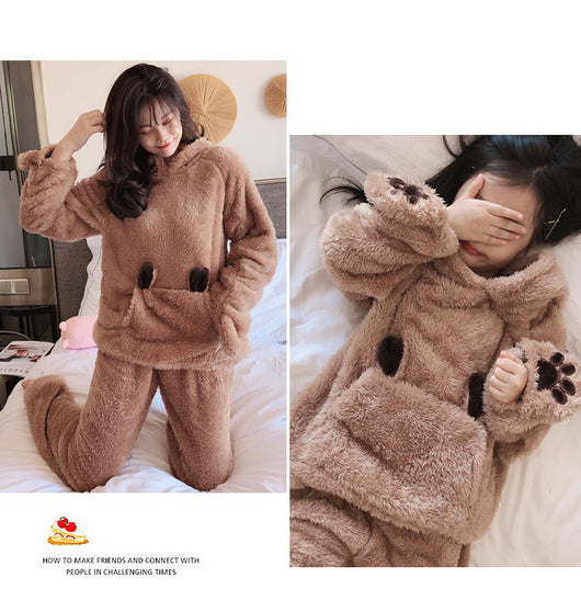 Mother and child wearing matching brown plush bear pajamas with hoods, ears, and embroidered paw gloves. - Image 7