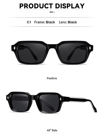 Black square-frame sunglasses with dark lenses and small silver diamond accents on the temples. - Image 14