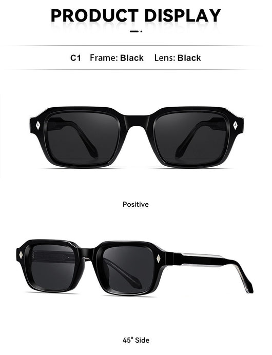 Black square-frame sunglasses with dark lenses and small silver diamond accents on the temples. - Image 14