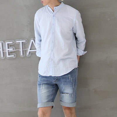 Camisa de Lino Retro con Cuello Mao para Hombre - Image 4