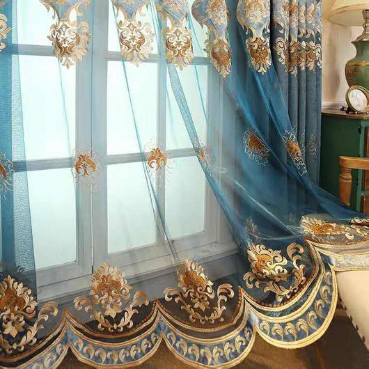 Purple chenille velvet curtains with gold embroidery, tied back to reveal a sheer embroidered curtain behind. - Image 4