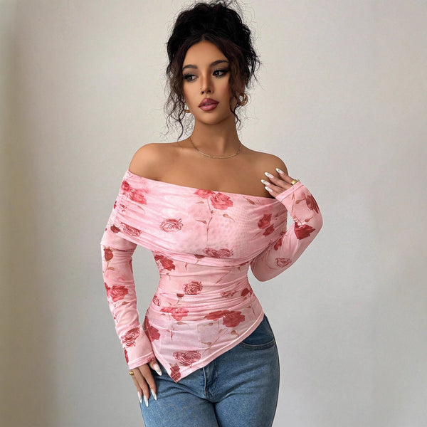 Blusa Asimétrica Ajustada con Volantes y Estampado Versátil - Image 6