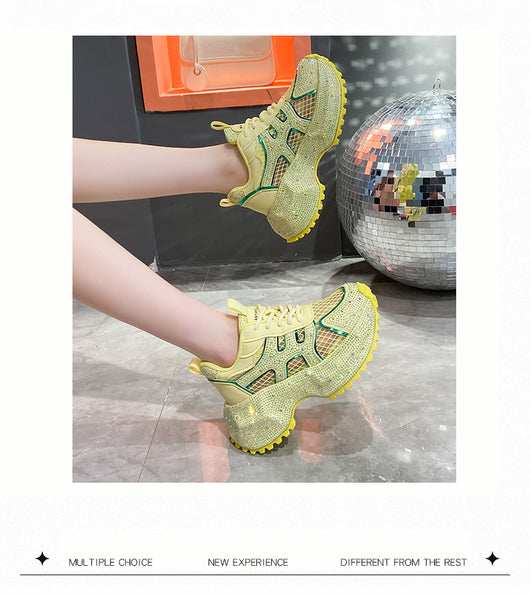 Zapatillas Deportivas Plataforma Gruesa para Mujer con Brillo y Cristales - Amarillo Claro - Image 67
