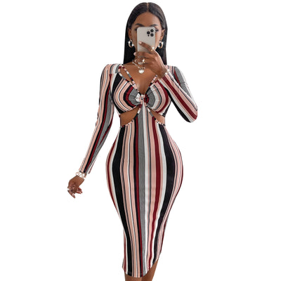 Vestido de Manga Larga a Rayas con Pecho Cruzado para Mujer - Image 14