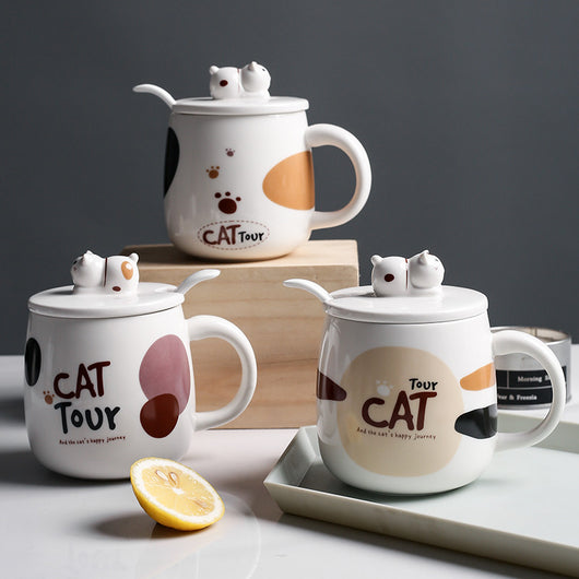 Taza de Cerámica Gato Kawaii con Tapa y Cuchara para Café - Image 4