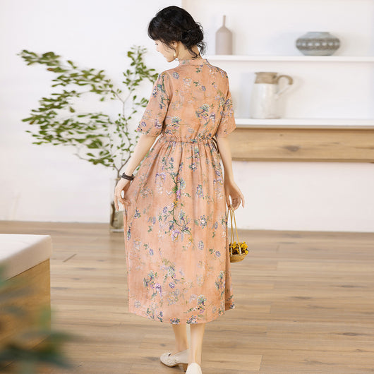 Vestido Cheongsam Retro Mujer Estampado Literario en Ramio - Image 7