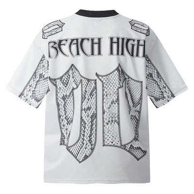 White mesh jersey t-shirt with a V-neck and short drop-shoulder sleeves, featuring a black and white snake scale design. - Image 2