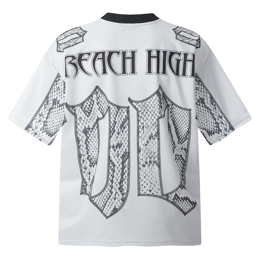 White mesh jersey t-shirt with a V-neck and short drop-shoulder sleeves, featuring a black and white snake scale design. - Image 2