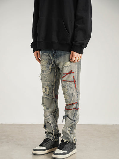 Jeans Rectos Rojo con Parches - Estilo Urbano Moderno - Image 10