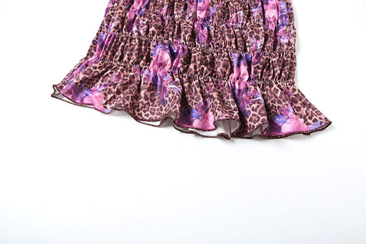 Three-piece bikini set with a brown leopard and pink floral print halter top, matching bottom, and ruched mini skirt. - Image 21
