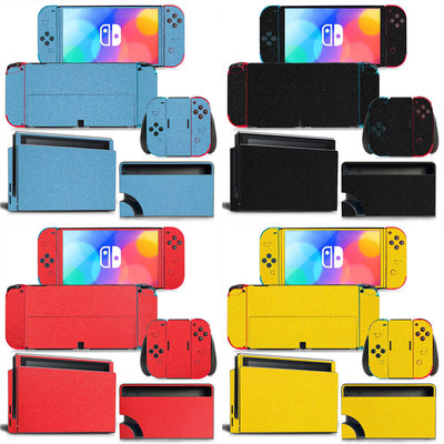 Yellow textured vinyl skin set for Nintendo Switch OLED console, Joy-Cons, and dock, shown disassembled. - Image 26