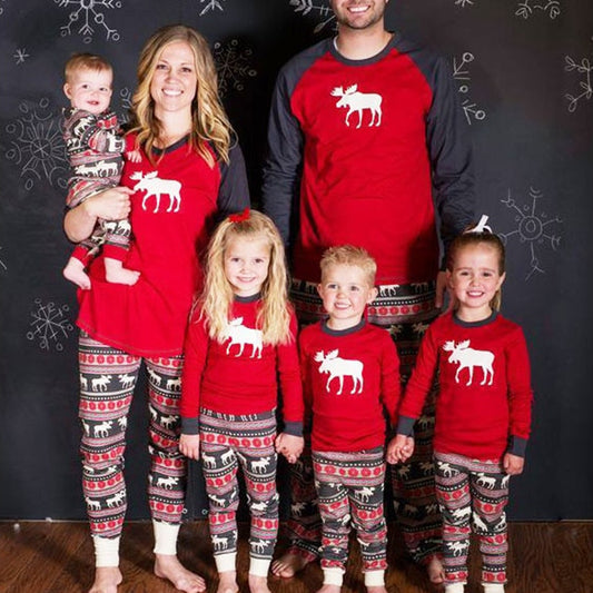 Red and black long-sleeve pajama set with a white moose graphic on the top and patterned moose pants.