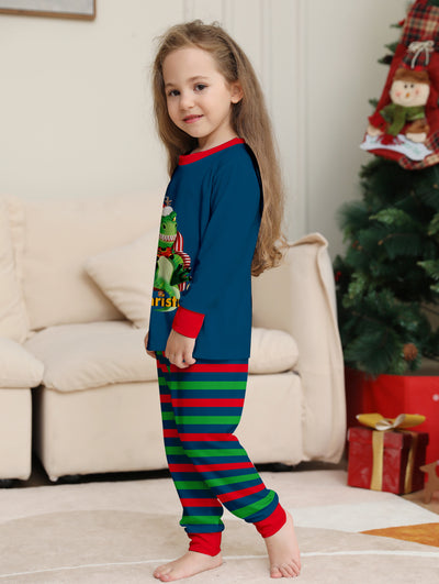 Child's blue long-sleeve Christmas pajamas with a dinosaur graphic and red and green striped pants. - Image 21