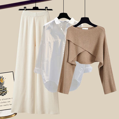 Conjunto de 3 Piezas: Suéter Tejido, Camisa y Pantalón Ancho - Image 4