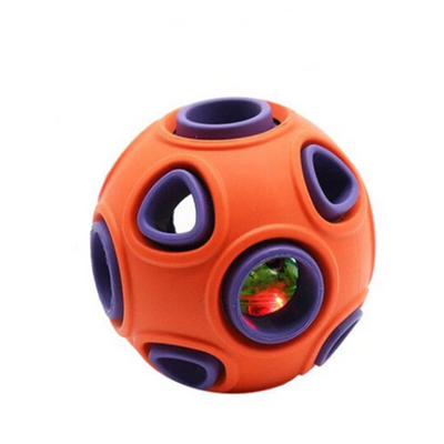 Blue and orange rubber pet toy ball with multiple circular cutouts, designed for interactive play and chewing. - Image 5