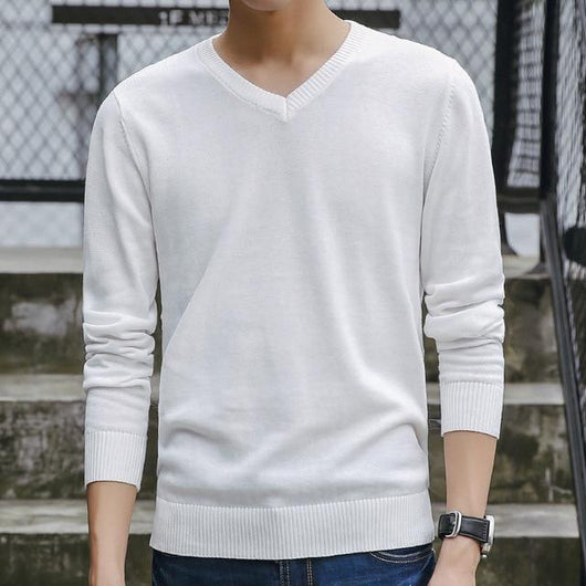 Suéter de Punto Coreano Slim Fit Cuello V Color Sólido Algodón Premium - Image 10