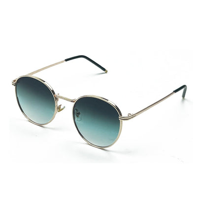 Round red lens sunglasses with a gold metal frame and black temple tips on a white background. - Image 12