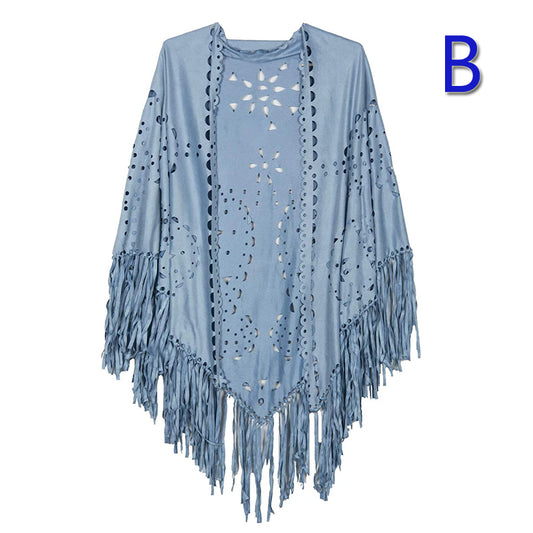 Capa Poncho de Gamuza Elástica con Flecos Versátil - Image 2