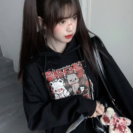 Suéter Holgado de Terciopelo Grueso con Estampado Oscuro Japonés para Mujer