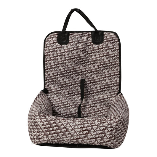 Brown and white patterned pet car seat with black trim and handles, designed for comfortable and secure pet travel. - Image 9
