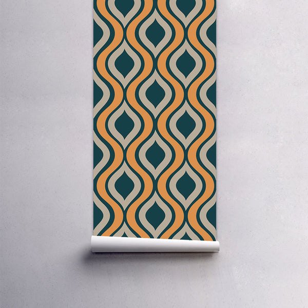Red, beige, and grey retro wavy pattern self-adhesive wallpaper roll partially unrolled on a light grey wall. - Image 6