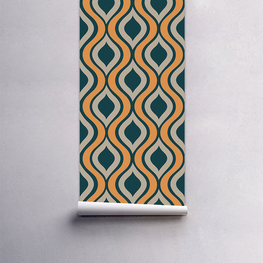 Red, beige, and grey retro wavy pattern self-adhesive wallpaper roll partially unrolled on a light grey wall. - Image 6