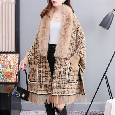 Poncho Cárdigan de Invierno con Cuello de Pelaje Sintético y Borlas - Talla Grande - Image 3