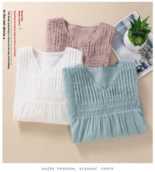 Blusa Suelta de Algodón y Lino con Cuello V - Image 35