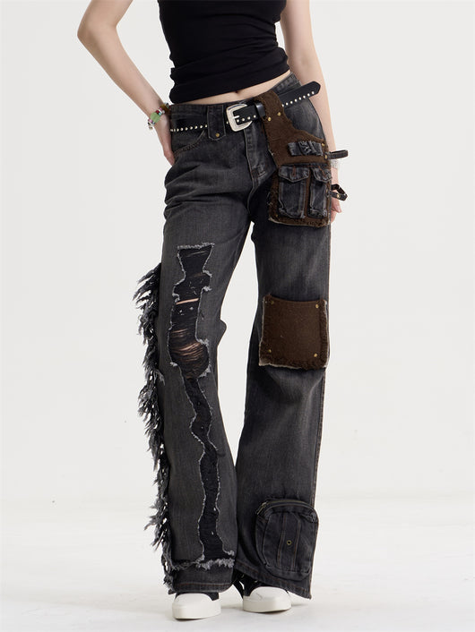Jeans Retro Americano para Mujer con Parches de Borla y Costuras Decorativas - Image 10