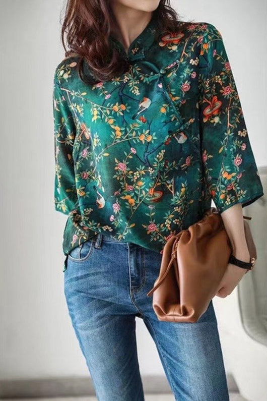 Blusa de Seda Retro con Patrón Diagonal Chino - Image 7