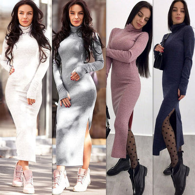 Vestido Ajustado de Punto con Cuello Alto para Mujer
