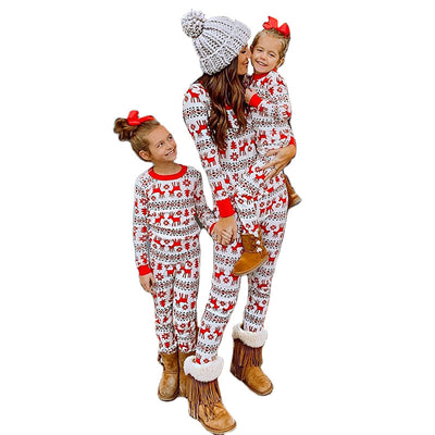 Mother and two daughters in matching red and white elk print long-sleeve pajamas, perfect for holiday family photos. - Image 9