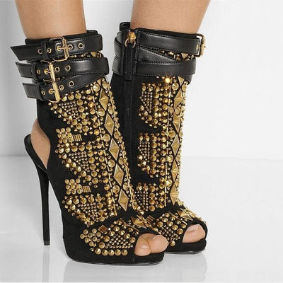 Sandalias de Tacón Alto con Pedrería y Múltiples Hebillas