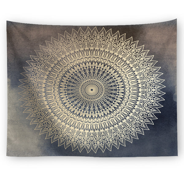 Mandala Floral Beach Towel with an intricate gold mandala pattern on a dark blue and grey watercolor background.