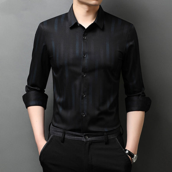 Camisa Manga Larga Algodón Mercerizado sin Planchado Rayas Hombre