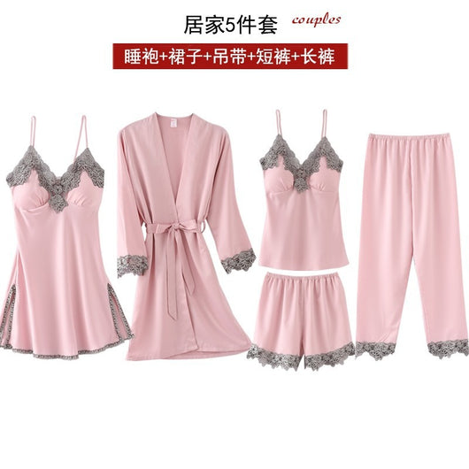 Pijama de Seda Helada Premium - Conjunto de 5 Piezas para Primavera y Verano - Image 4
