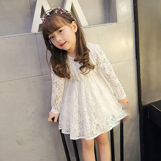 Vestido Princesa Niña Encaje Manga Larga Cuello Redondo Estilo Coreano