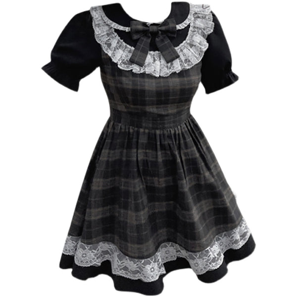 Vestido Plaid Marrón para Mujer - Cuello Redondo, Cintura Alta y Detalles de Encaje