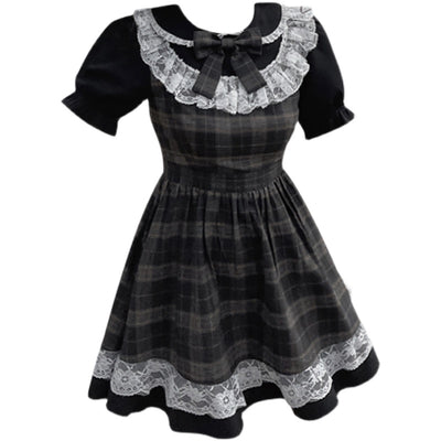 Vestido Plaid Marrón para Mujer - Cuello Redondo, Cintura Alta y Detalles de Encaje - Image 2