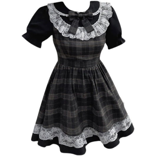 Vestido Plaid Marrón para Mujer - Cuello Redondo, Cintura Alta y Detalles de Encaje - Image 2