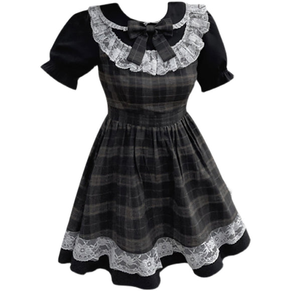 Vestido Xadrez Marrom Feminino - Gola Redonda, Cintura Alta e Detalhes em Renda