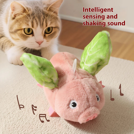 Pink plush pig cat toy with green wings, featuring sound and vibration, 15.5cm long, with USB charging.