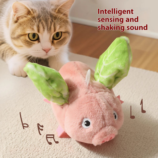 Pink plush pig cat toy with green wings, featuring sound and vibration, 15.5cm long, with USB charging.