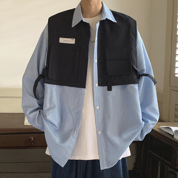 Camisa de Trabajo Manga Larga con Efecto Dos Piezas a Rayas